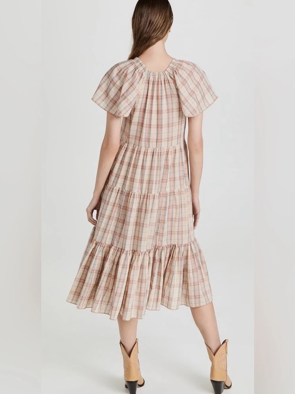 The Great. The Iris Dress Washed Rose Plaid Cotton Linen Tiered Midi Size Sz 1/S